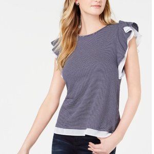 NWT Maison Jules Mesh-Trim Ruffled-Sleeve Top